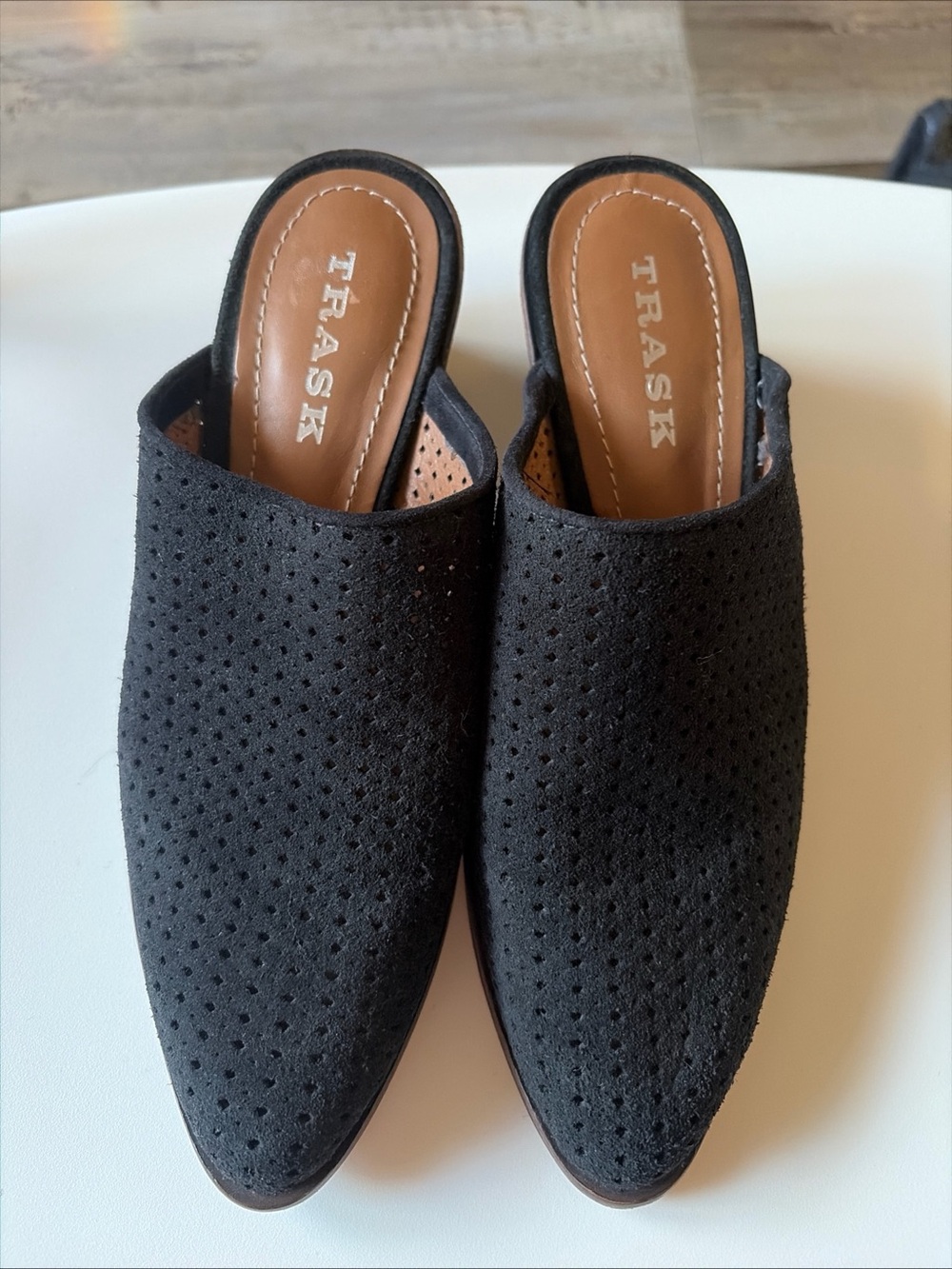 Trask Black Perforated Suede Slip-On Mules
